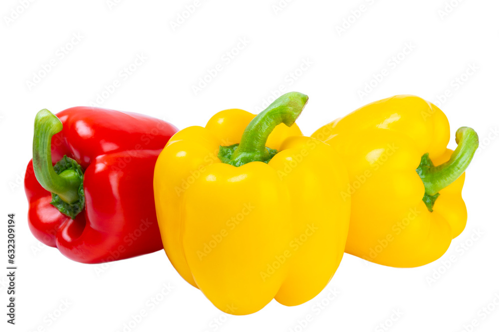 PAPRIKA.Fresh yellow and red bell pepper isolated on white background. Bulgarian salad pepper .Fresh vegetables. Harvest. Vegan. close up PAPRIKA.Fresh yellow and red bell pepper isolated on white background. Bulgarian salad pepper .Fresh vegetables. Harvest. Vegan. close up