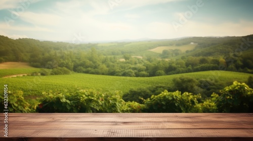 Mock-up with empty wood table top on blurred vineyard landscape background