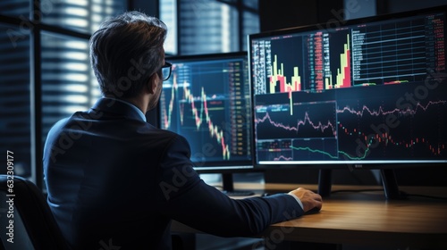 Stock trader business man looking at graph stock market on screen analyzing invest strategy, financial risks