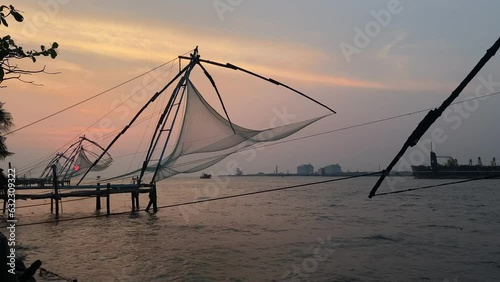 Chinese fishing net at sunrise in Cochin, Kerala, India. Famous landmark in Fort Kochi