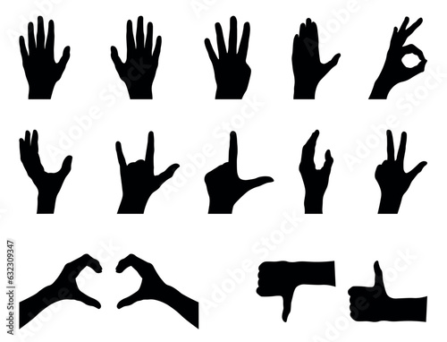 set of silhouettes of hands. different silhouette poses of hand gestures.