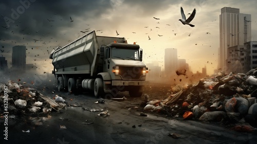 Garbage Truck Dumping Trash on Conveyor Belt. Generative ai