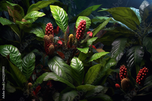 A photo featuring Ayahuasca analog plants (Psychotria viridis, Diplopterys cabrerana), known for their role in Ayahuasca brews and visionary experiences.  Generative AI technology. photo