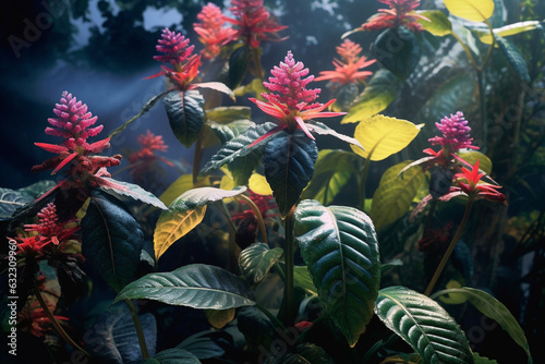 A photo featuring Ayahuasca analog plants (Psychotria viridis, Diplopterys cabrerana), known for their role in Ayahuasca brews and visionary experiences.  Generative AI technology. photo