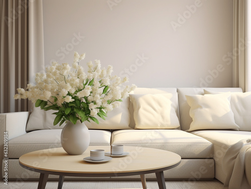 Modern interior design, in a spacious room, next to a table with flowers against a gray wall Generative AI