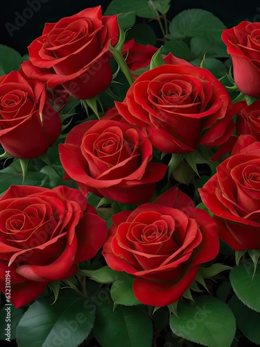 Red roses flowers with leaves.