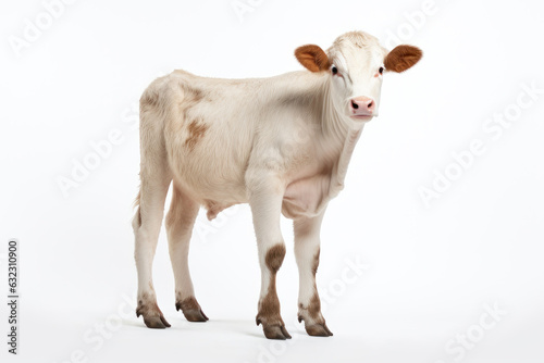 Lovely white cow calf standing on a studio background and looking into the camera. photo