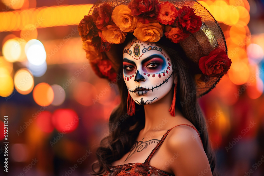 close-up young woman with make-up at the festival Day of the Dead - Dia de los Muertos - a holiday dedicated to the memory of the dead.against the backdrop of illumination. close-up young woman with make-up at the festival Day of the Dead - Dia de los Muertos - a holiday dedicated to the memory of the dead.against the backdrop of illumination.