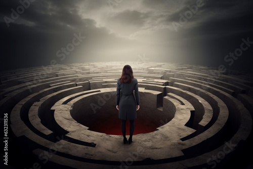 Rear view of a businesswoman standing in front of a round maze. generative AI