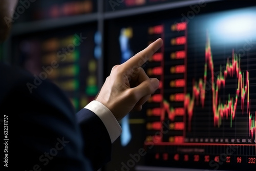 businessman hand pointing on stock market chart on screen. generative AI