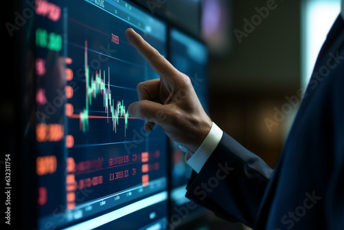 businessman hand pointing on stock market chart on screen. generative AI