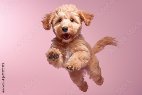 cute toy poodle dog on pink background, AI Generated photo