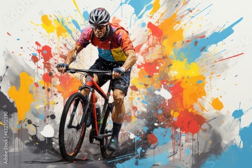 Abstract modern digital colorful art made with foot bicycle rider with geometric shapes.
