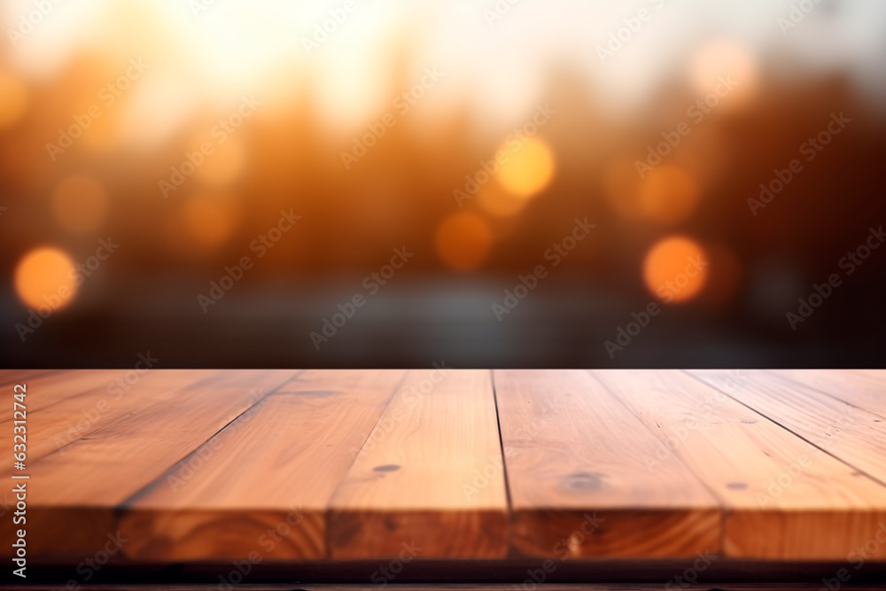 The empty wooden table top with blur background of the autumn landscape of the park. AI generated. The empty wooden table top with blur background of the autumn landscape of the park. AI generated.