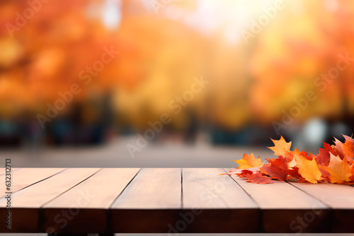 The empty wooden table top with blur background of the autumn landscape of the park. AI generated.