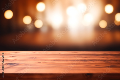 The empty wooden table top with blur background of city lights. AI generated.
