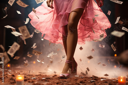 Double exposure of female legs in pink heels and dollar bills