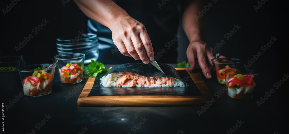 Professional Chef Hands Preparing Sushi Maki Rolls And Arrange And Professional Chef Hands Preparing Sushi Maki Rolls And Arrange And