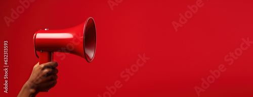 Generative AI, megaphone in hand on a empty red background, panoramic image with copy space © DELstudio