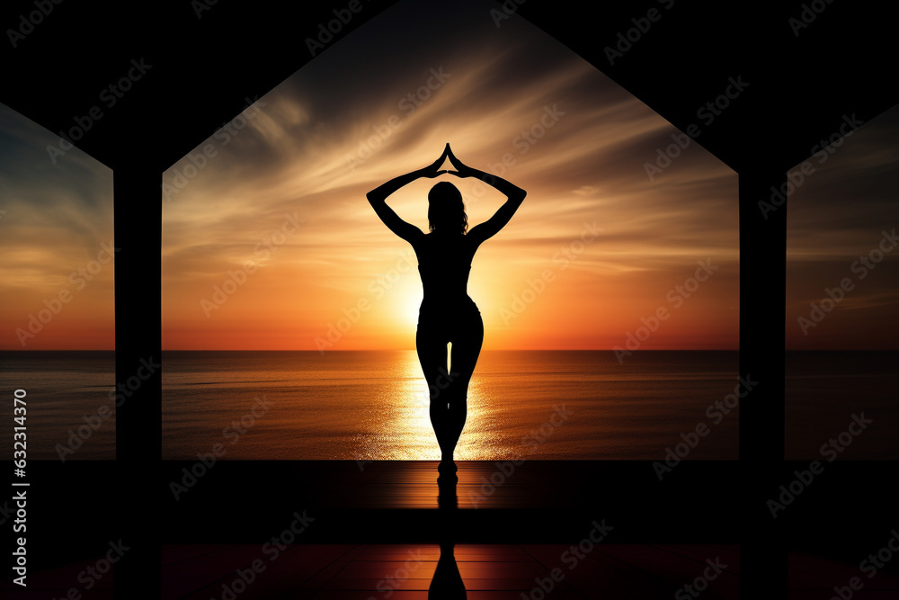High Contrast Fitness: Woman Doing Yoga at Sunrise. Generative AI