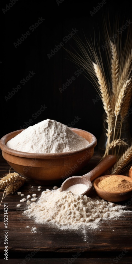 Wheat flour and wheat grain in the wooden dishes with black background. Vertical banner with copy space Wheat flour and wheat grain in the wooden dishes with black background. Vertical banner with copy space