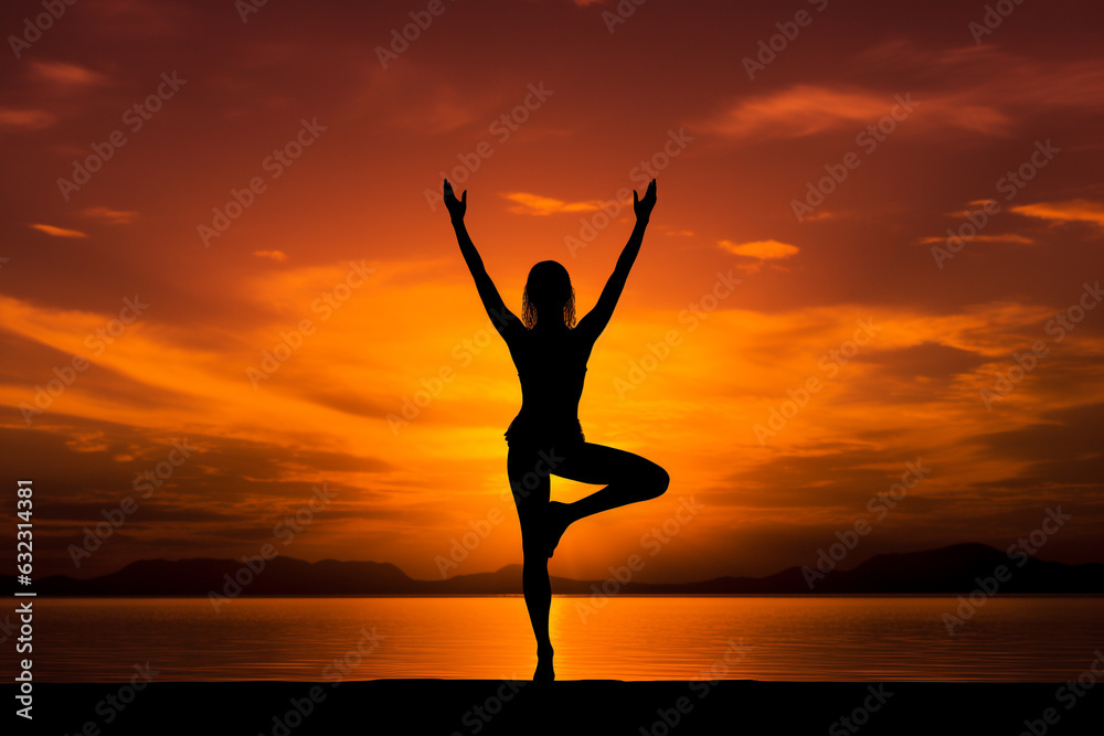 High Contrast Fitness: Woman Doing Yoga at Sunrise. Generative AI