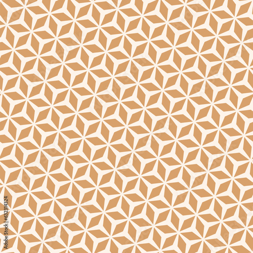Vector minimal geometric seamless pattern. Abstract ornament with floral grid, rhombuses, triangles. Simple modern texture. Stylish caramel color background. Repetitive decorative luxury geo design