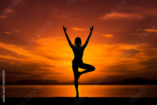 High Contrast Fitness: Woman Doing Yoga at Sunrise. Generative AI © Henry Saint John