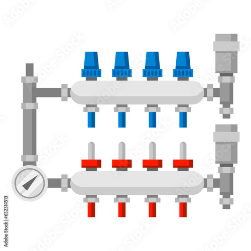 Illustration of hydronic manifolds. Industrial image of plumbing object.