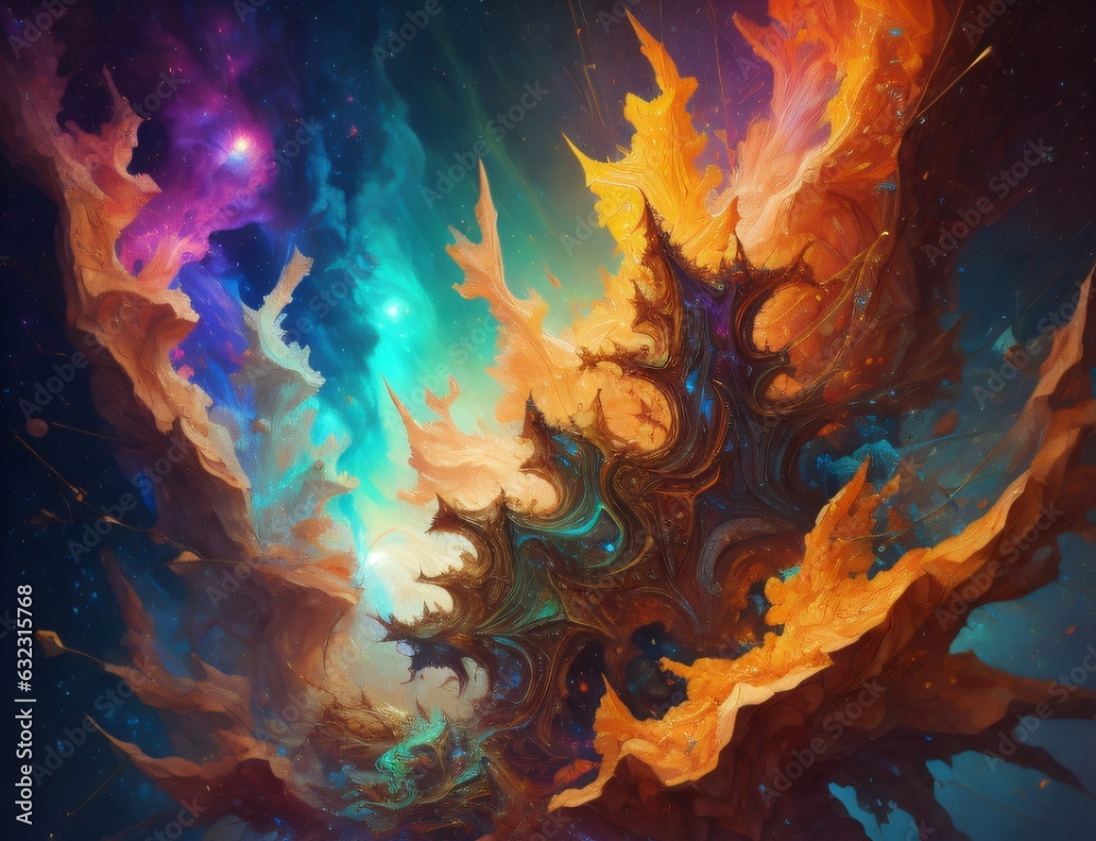 Picture presenting a composition of colorful fractal paint and lights, applicable for art, abstract designs, and creative projects. Created with generative AI tools