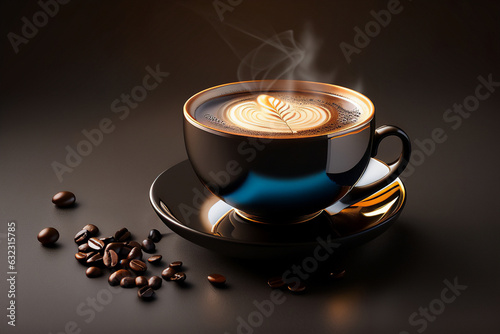 Closeup of smoky coffee cup on dark reflective surface. Generative AI_1.