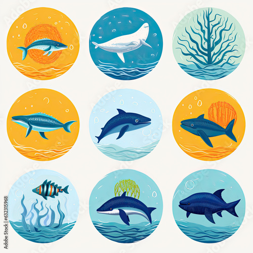 Set of abstract Ocean animal life stickers.