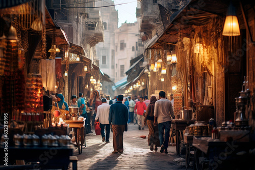 arabic bazaar shopping in outdoor market. Crowded