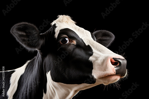 Professional studio shot portrait of the black cow with white spots, looking into the camera.