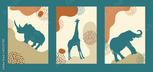 Abstract vector African backgrounds with animals. Flat style modern vertical illustrations in muted pastel colors, poster for interior design, social media, postcards. Vector illustration