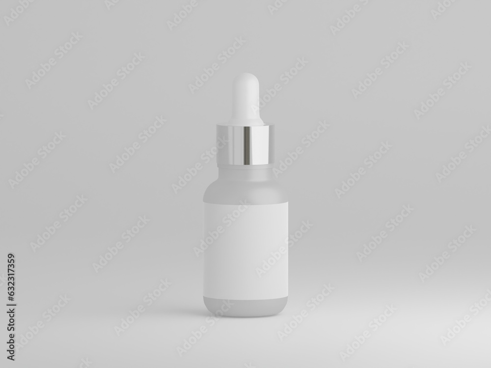 Cosmetic white matte dropper bottle mockup with copy space for logo, text or design on a plain white background as 3d rendering. Cosmetic white matte dropper bottle mockup with copy space for logo, text or design on a plain white background as 3d rendering.