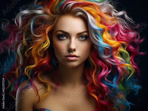 A dazzling woman in makeup with colored hair in a captivating visual symphony of color and beauty. Vibrant and creative face. Generative AI