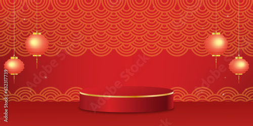 Happy Chinese New Year banner template,3D podium cylinder with red paper cut water wave pattern on wall background,Vector studio backdrop scene,Display circle stage stand for Christmas,Mid Autumn