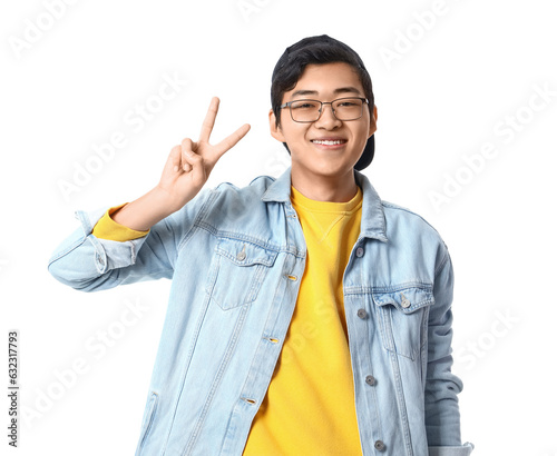 Young Asian man showing vic...