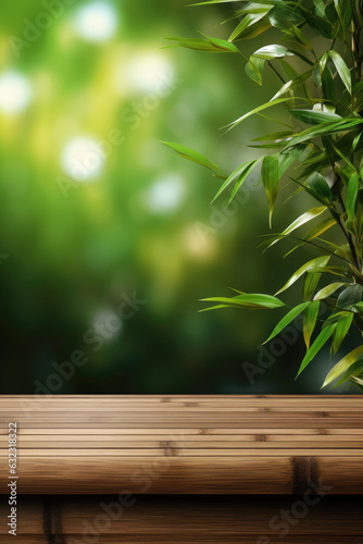 Wooden table on bamboo plant background. Generative AI