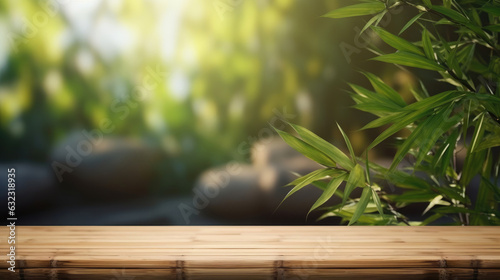 Wooden table on bamboo plant background. Generative AI