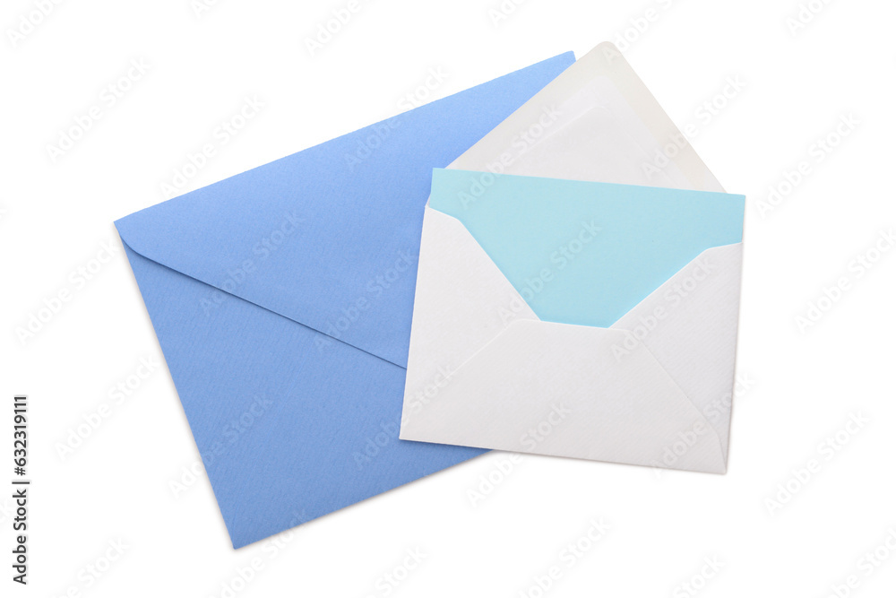 Paper envelopes with blank card on white background Paper envelopes with blank card on white background