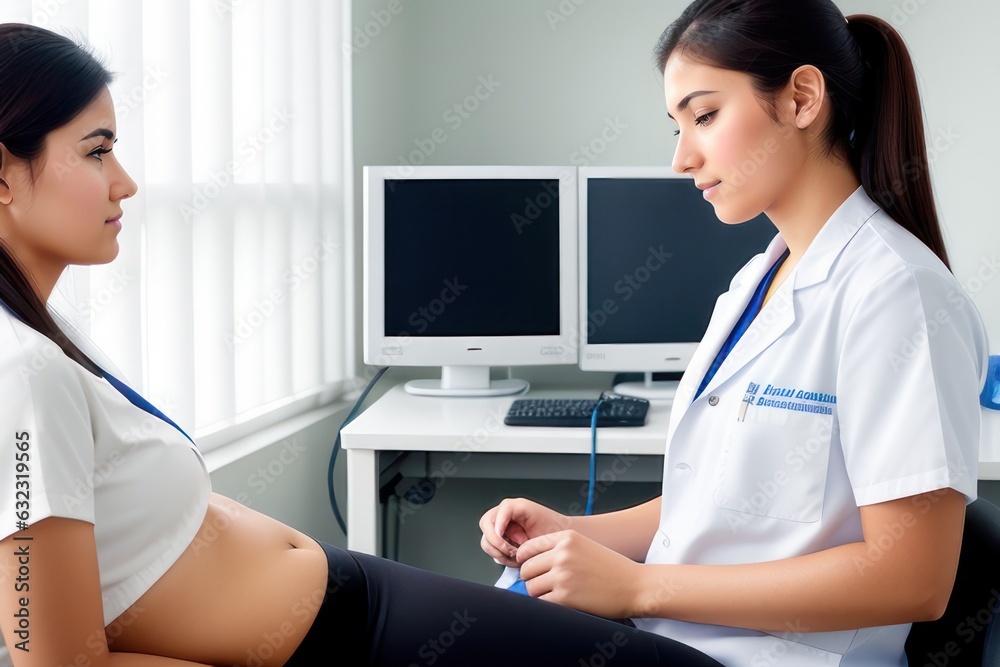 medical specialist conducts the patient reception in the hospital. adolescent athletic female with voluminous hairs take consult from m . Healthcare and wellness concept. medical specialist conducts the patient reception in the hospital. adolescent athletic female with voluminous hairs take consult from m . Healthcare and wellness concept.