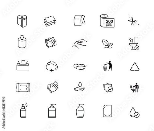 Set of icons for hygiene products. Vector illustration isolated on white background. Perfect for paper roll, wet wipes, kitchen towel, napkin, tissues, pads and etc. Stroke sign, easy change. EPS10.	