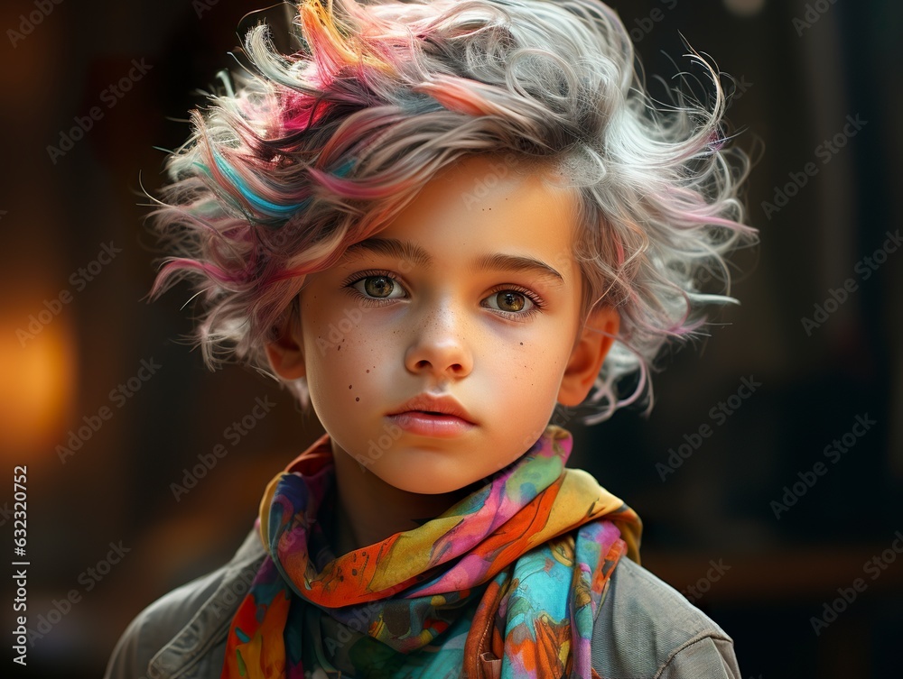 A stunning little boy with self-styled colored hair in a captivating visual symphony of color and beauty. Vibrant and creative face. Generative AI A stunning little boy with self-styled colored hair in a captivating visual symphony of color and beauty. Vibrant and creative face. Generative AI