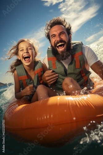 Father and daughter having fun on the beach while floating on airbed. Generative AI © piai