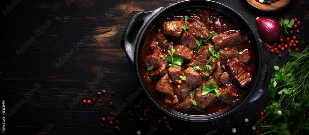 Φωτογραφία A picture of Meat Stew, with beef stewed in red wine sauce, viewed from the top with copy space