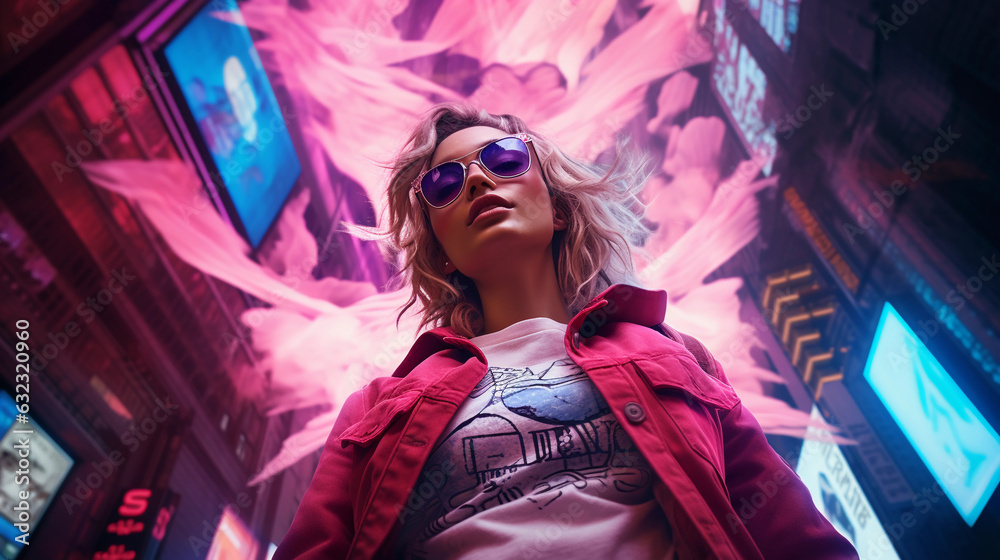 Surreal street fashion portrait, urban style model, levitating accessories, distorted perspective, digital painting, moody, neon lights Surreal street fashion portrait, urban style model, levitating accessories, distorted perspective, digital painting, moody, neon lights