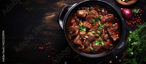 Fotografiet A picture of Meat Stew, with beef stewed in red wine sauce, viewed from the top with copy space
