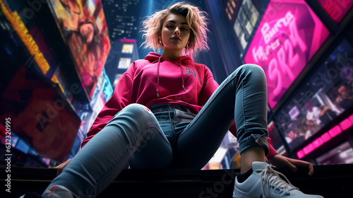 street fashion portrait, urban style model, levitating accessories, distorted perspective, digital painting, moody, neon lights